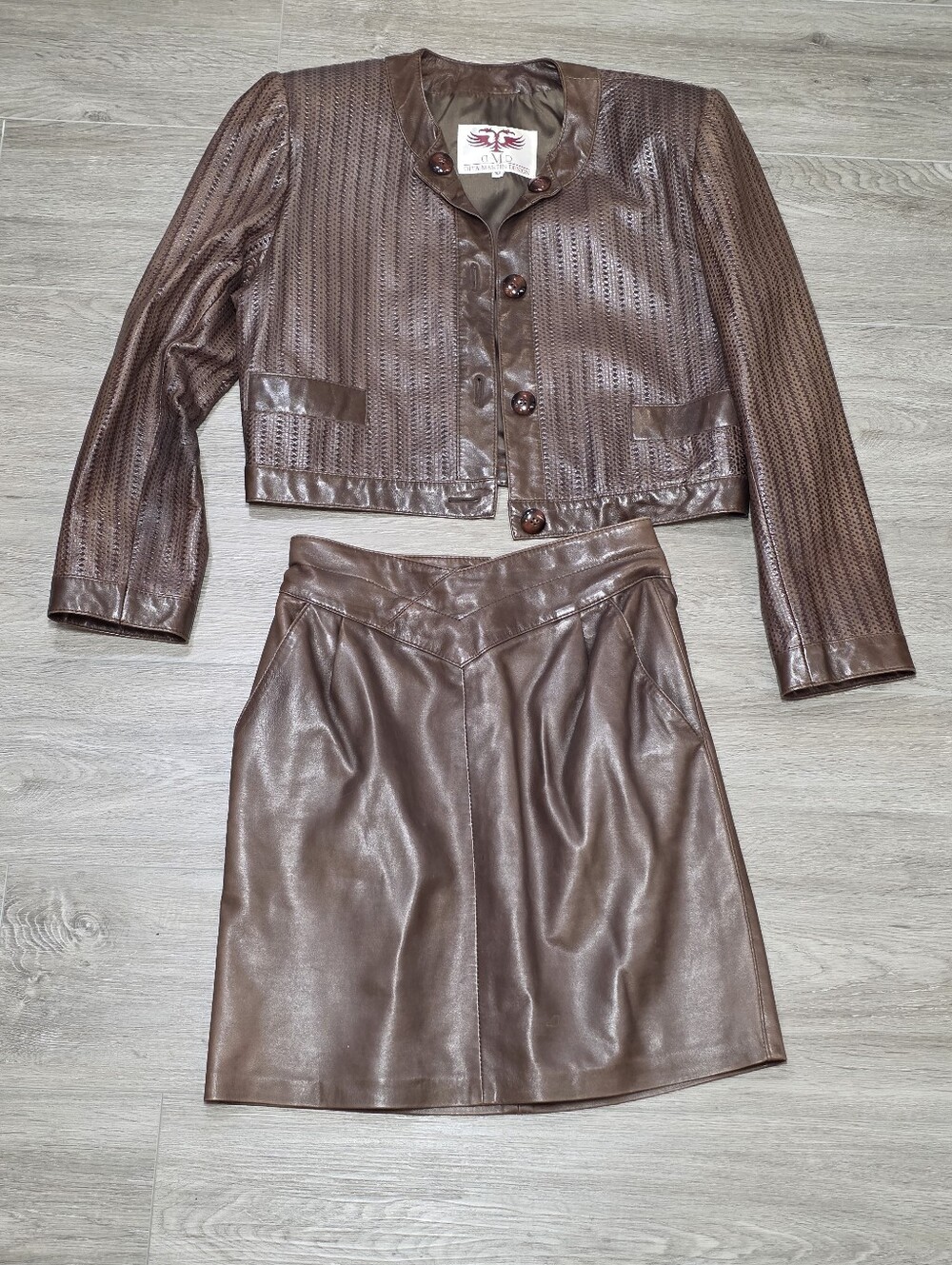 Vintage 80's Dita Martin Design Leather Jacket Sz 10 & Skirt Sz 8 Set Brown - Picture 1 of 11